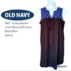 NWT - Old Navy Women’s Tie Neck Embroidered Shift Dress - Black/Blue - XL